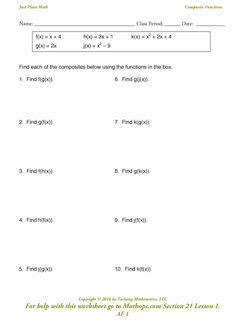 Composite Functions Worksheet Answers Awesome Af 1 Posite Functions Mathops