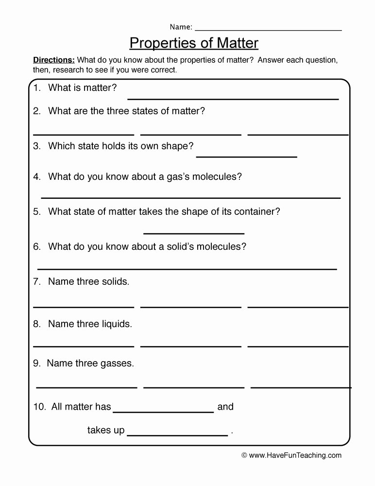 Composition Of Matter Worksheet Answers Awesome Properties Of Matter Worksheet 1