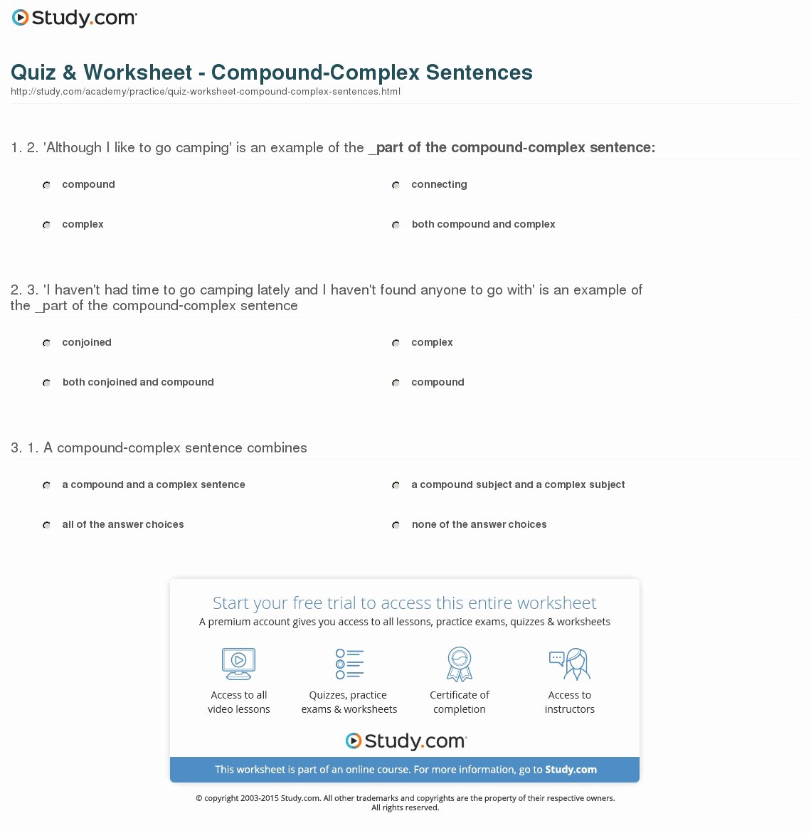 Compound Complex Sentences Worksheet Awesome Quiz &amp; Worksheet Pound Plex Sentences