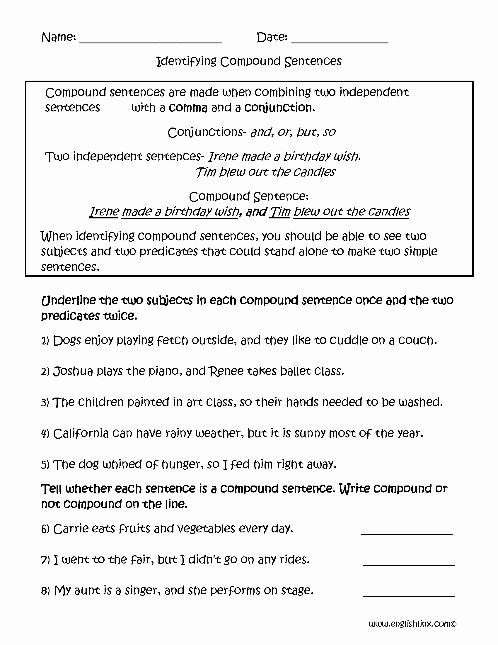 Simple Sentence And Compound Sentence Worksheet