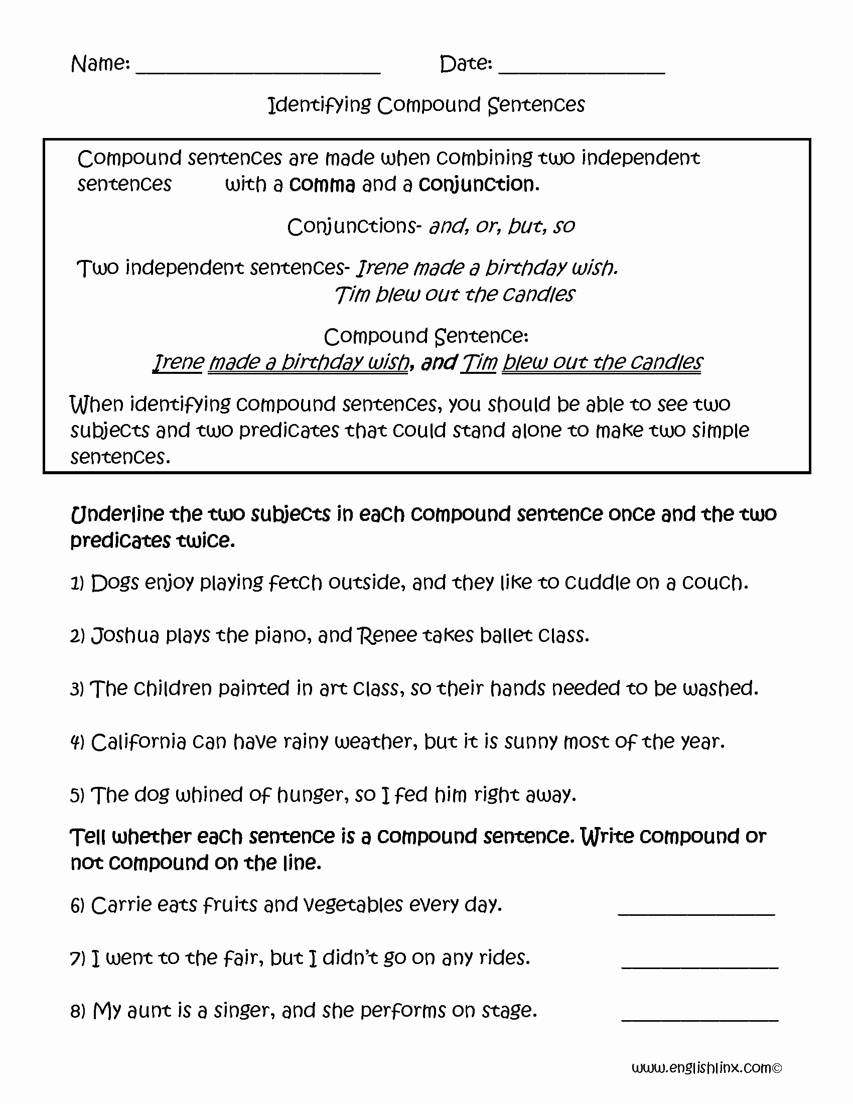 Simple Compound And Complex Sentences Worksheets With Answer