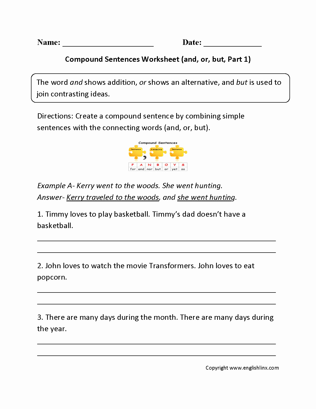 Compound Sentences Worksheet 1st Grade