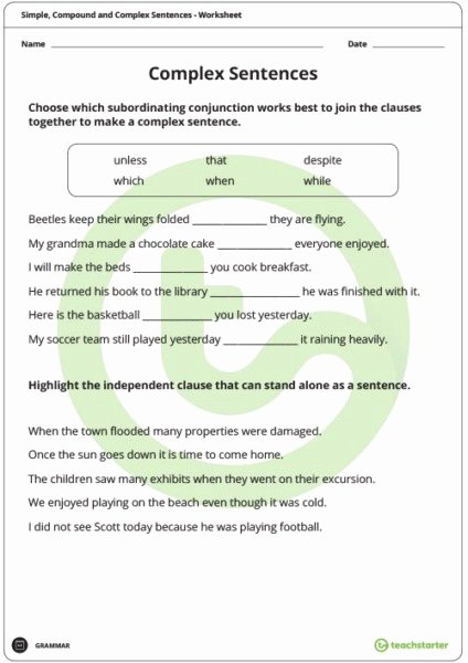 Simple Compound Complex Sentences Worksheet With Answers Class 8