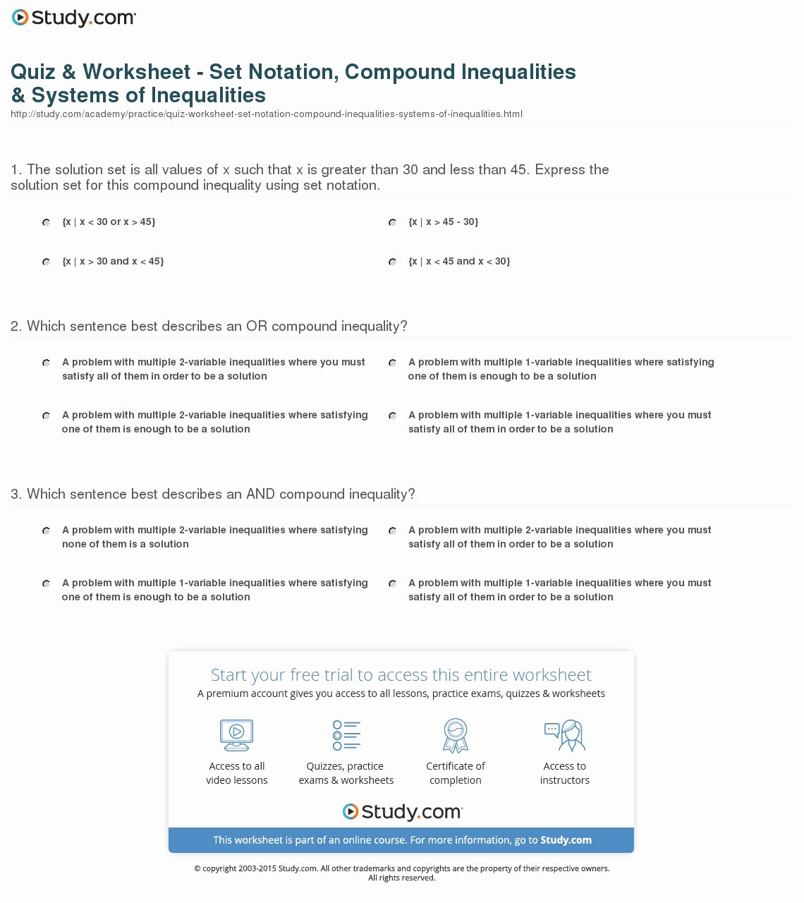 Compound Inequalities Worksheet Answers New Quiz &amp; Worksheet Set Notation Pound Inequalities