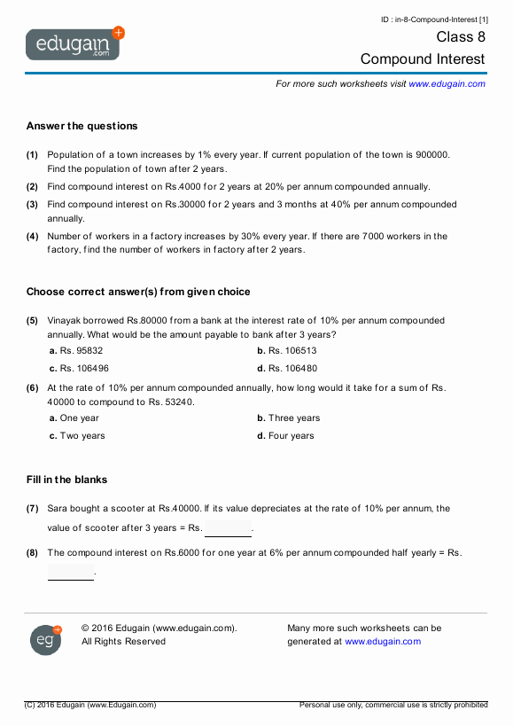 Compound Interest Worksheet Answers Inspirational Class 8 Math Worksheets and Problems Pound Interest