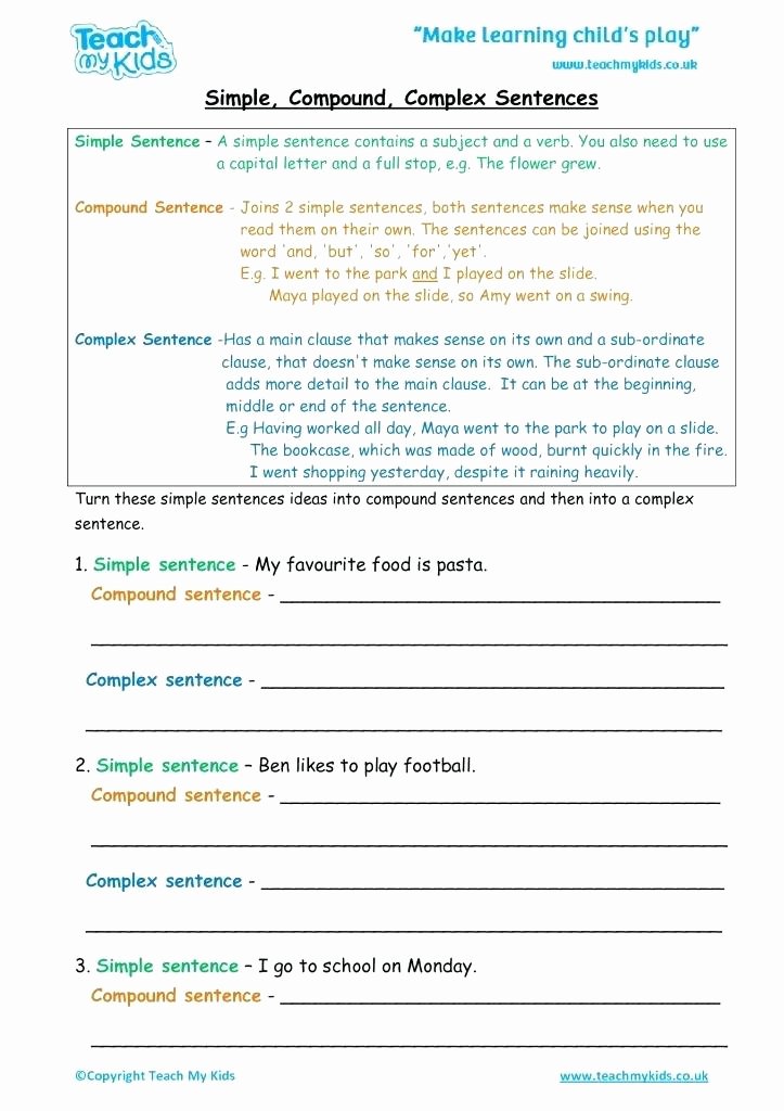Compound Sentences Worksheet Pdf Inspirational Worksheets for Kids Simple to Pound Plex Sentence