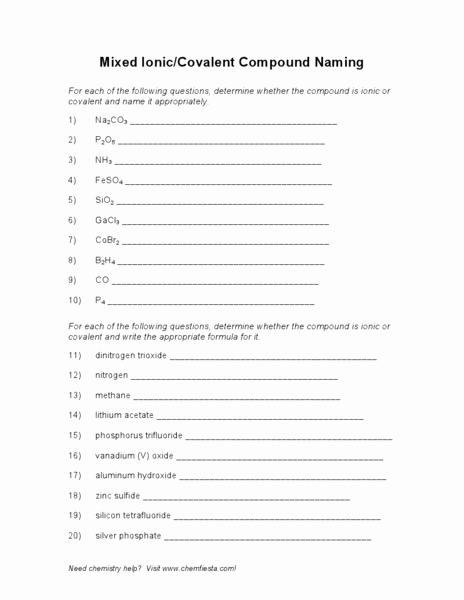 Compounds Names and formulas Worksheet Awesome Mixed Ionic Covalent Pound Naming Worksheet for 9th