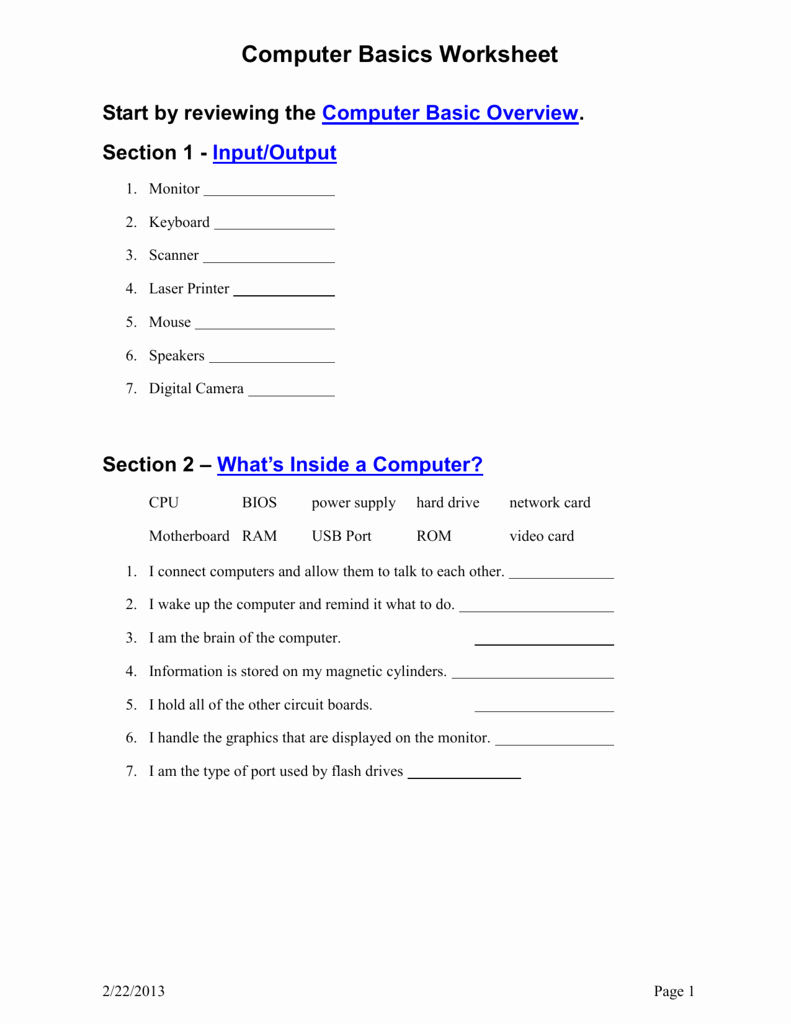 Computer Basics Worksheet Answer Key Awesome Puter Basics Worksheet Answers