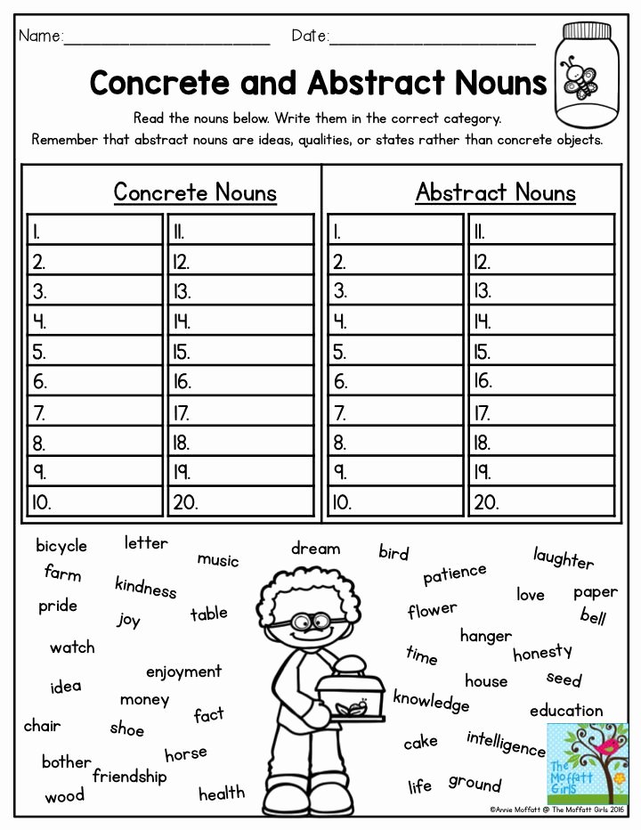 Concrete and Abstract Nouns Worksheet Elegant Concrete and Abstract Nouns Read the Nouns and Decide