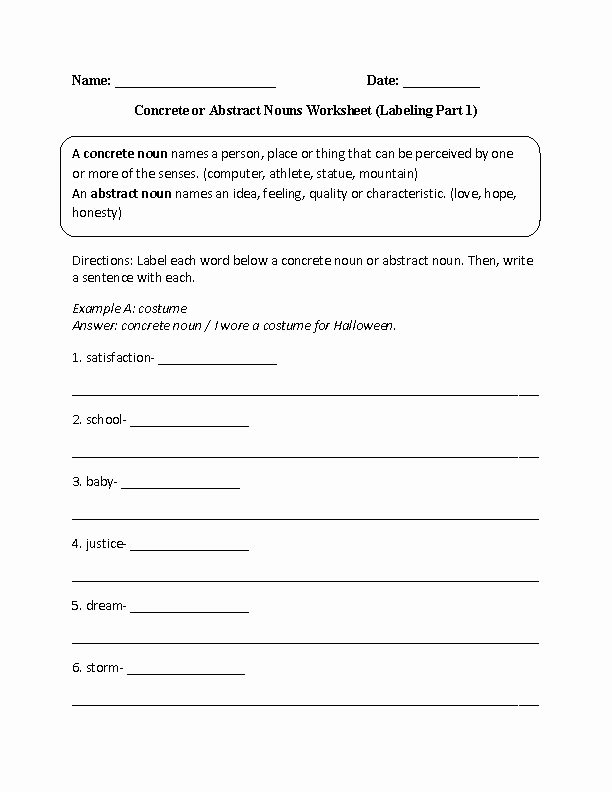 50 Concrete And Abstract Nouns Worksheet