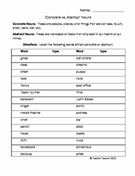 Concrete and Abstract Nouns Worksheet Inspirational Concrete and Abstract Noun Review by Teacher Teacher