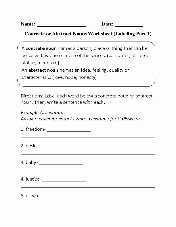 Concrete and Abstract Nouns Worksheet Unique Labeling Concrete or Abstract Nouns Worksheet Part 1