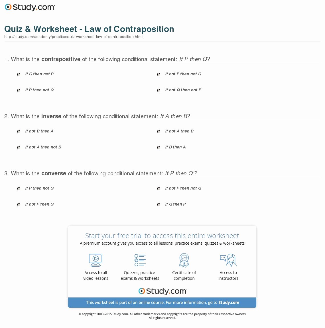 Conditional Statement Worksheet Geometry New Quiz &amp; Worksheet Law Of Contraposition
