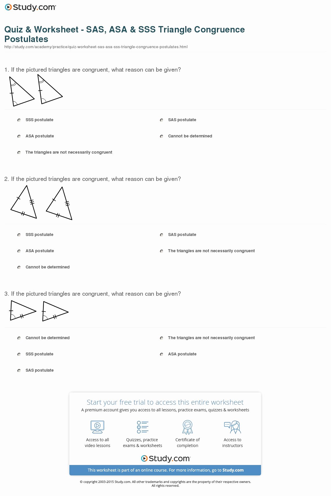 Congruent Triangles Worksheet Answers Unique Quiz &amp; Worksheet Sas asa &amp; Sss Triangle Congruence