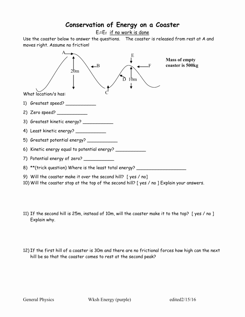 Conservation Of Energy Worksheet Answers Awesome Potential and Kinetic Energy Roller Coaster Worksheet