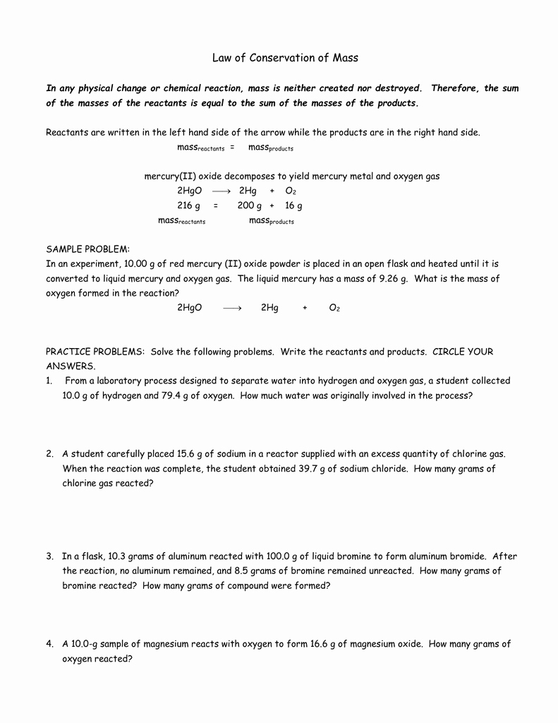 Conservation Of Mass Worksheet Awesome Worksheet Law Conservation Mass Worksheet Grass