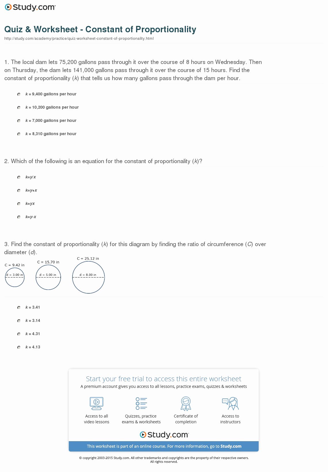 Constant Of Proportionality Worksheet Awesome Quiz &amp; Worksheet Constant Of Proportionality