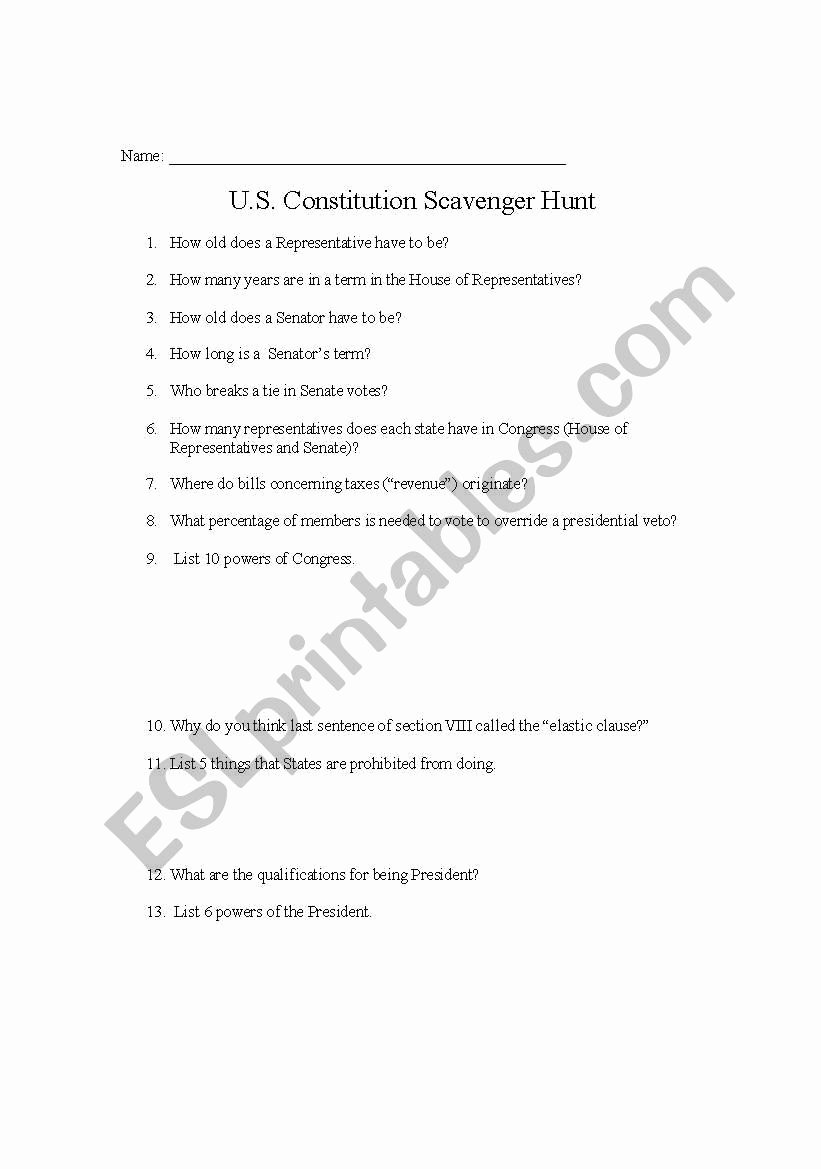 Constitution Scavenger Hunt Worksheet Best Of English Worksheets U S Constitution Scavenger Hunt