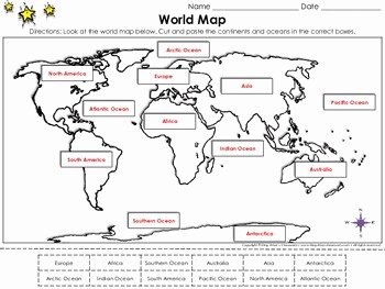 Continents and Oceans Worksheet Pdf New World Map Continents and Oceans Cut and Paste Activity