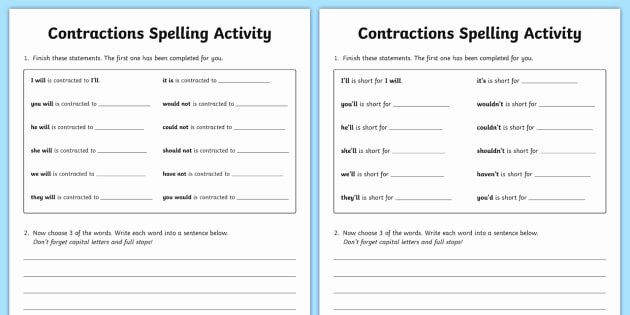 Contractions Worksheet 2nd Grade Inspirational Contractions Spelling Activity Contractions Spelling