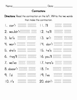 Contractions Worksheet 2nd Grade Lovely Contractions Worksheet 20 Contractions by Leticia
