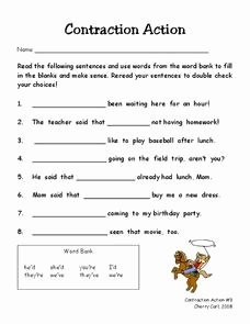 Contractions Worksheet 3rd Grade Fresh Contraction Action Worksheet for 3rd Grade