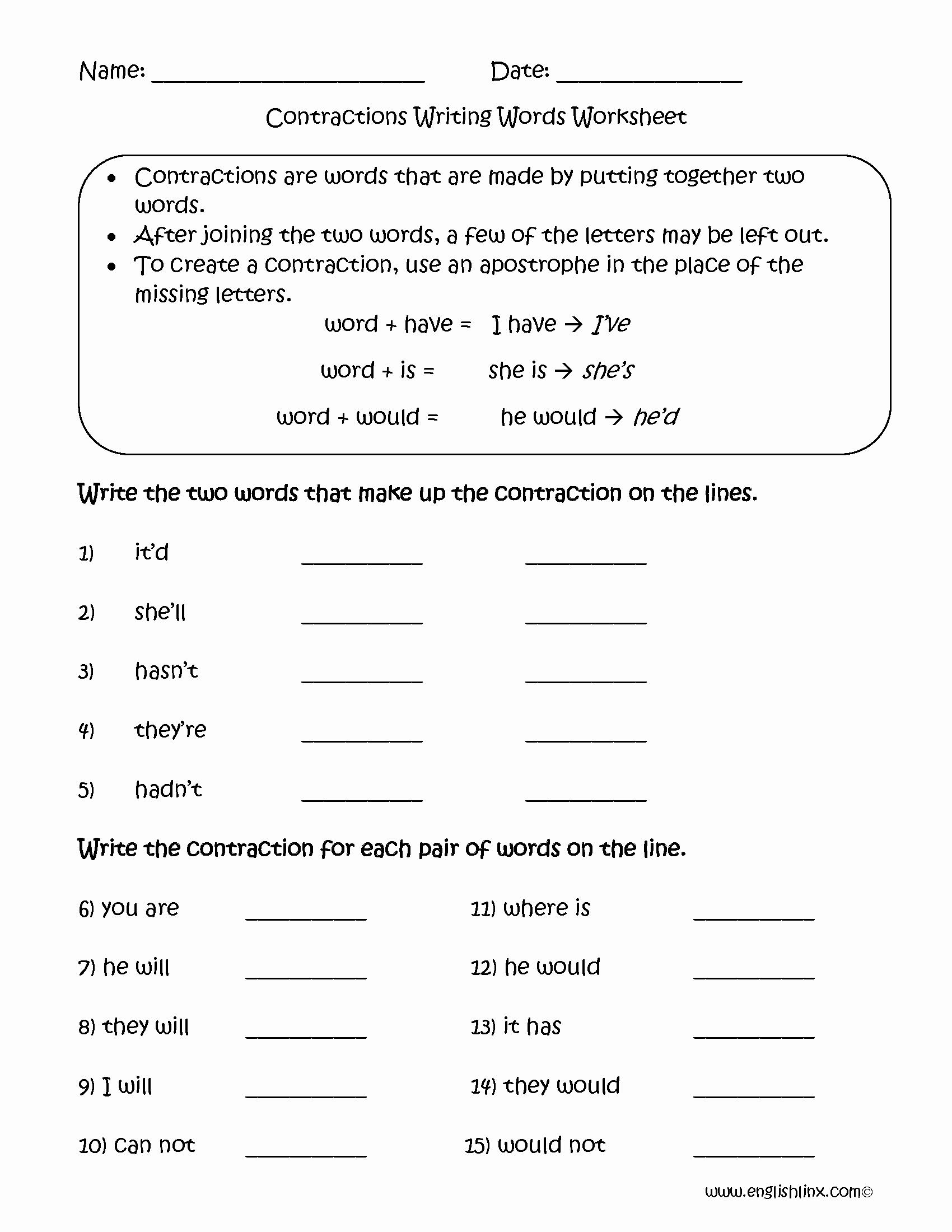 50 Contractions Worksheet 3rd Grade