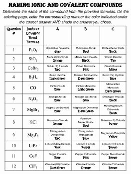 Covalent Bonding Worksheet Answer Key Luxury Naming Ionic and Covalent Pounds Color by Number