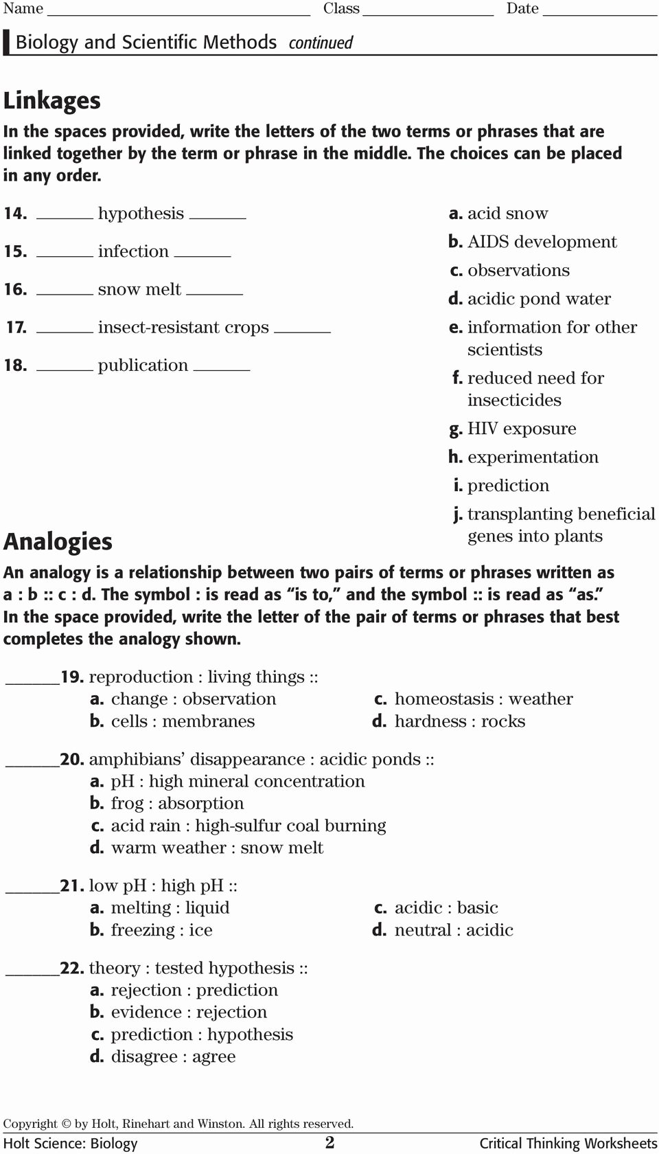 Critical Thinking Skills Worksheet Lovely Holt Science Biology Critical Thinking Worksheets Pdf