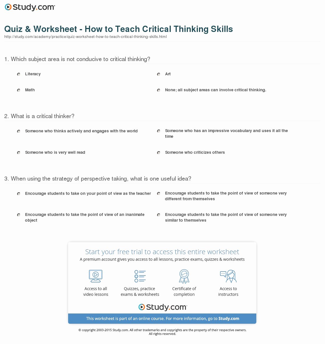 Critical Thinking Skills Worksheet Luxury Quiz & Worksheet How to Teach Critical Thinking Skills