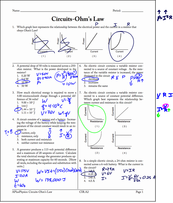 Current Voltage and Resistance Worksheet Awesome Ohm S Law Worksheet Page 1 solutions Regents Physics