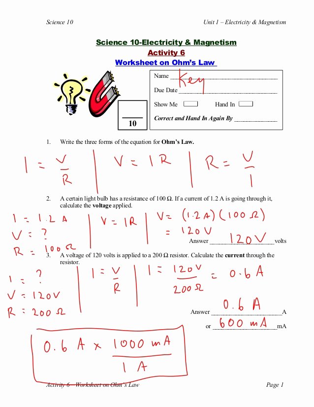 Current Voltage and Resistance Worksheet Best Of Ohm S Law S Calculations