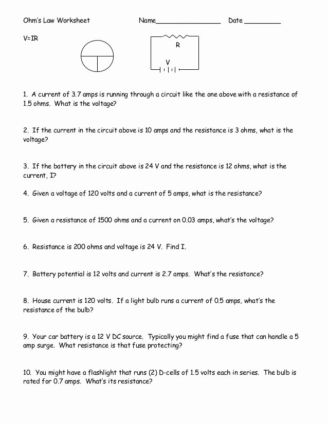 Current Voltage and Resistance Worksheet Inspirational Worksheet Ohm S Law