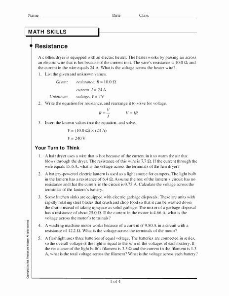 Current Voltage and Resistance Worksheet Unique Resistance Worksheet for 9th 12th Grade
