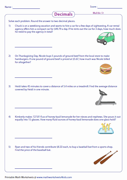 50 Decimal Word Problems Worksheet