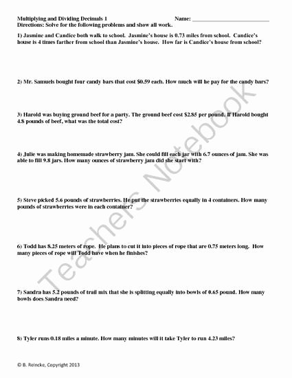 Decimals Word Problems Worksheet Awesome Multiplying and Dividing Decimals Worksheets Word