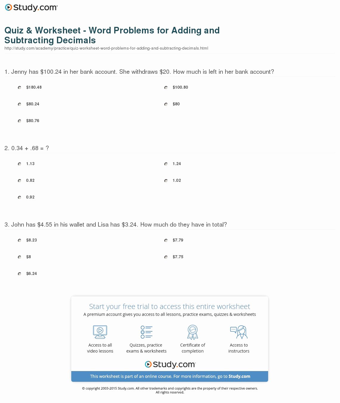 Decimals Word Problems Worksheet Inspirational Quiz &amp; Worksheet Word Problems for Adding and