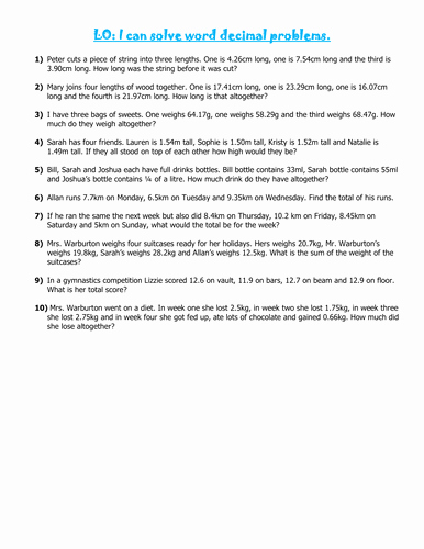 Decimals Word Problems Worksheet Lovely Addition and Subtraction Of Decimals by Kirstymc1