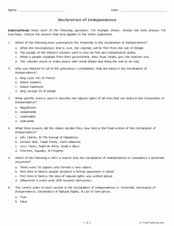 Declaration Of Independence Worksheet Answers New Declaration Of Independence Grades 11 12 Free