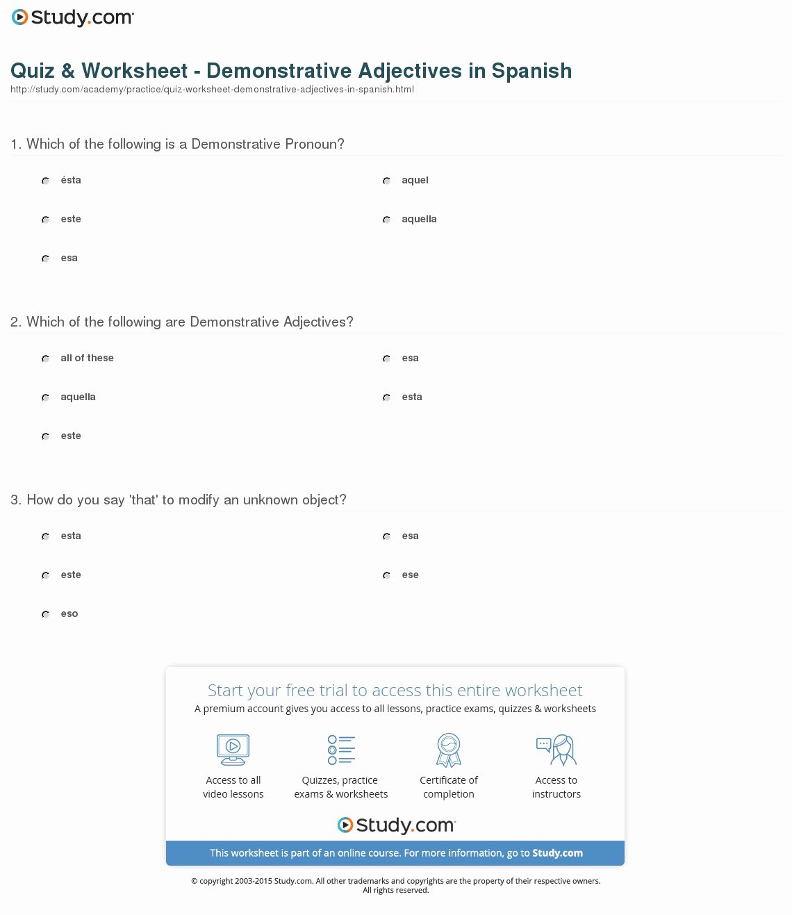 Demonstrative Adjectives Spanish Worksheet Awesome Quiz &amp; Worksheet Spanish Demonstrative Adjectives