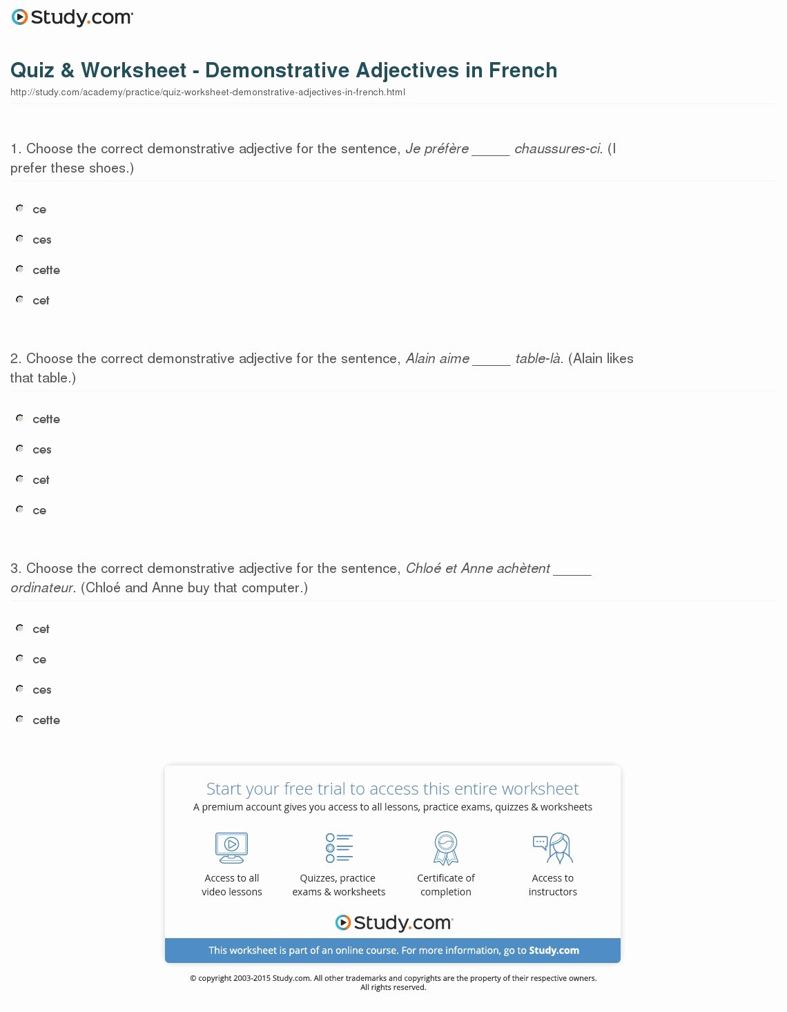 Demonstrative Adjectives Spanish Worksheet Beautiful Quiz &amp; Worksheet Demonstrative Adjectives In French