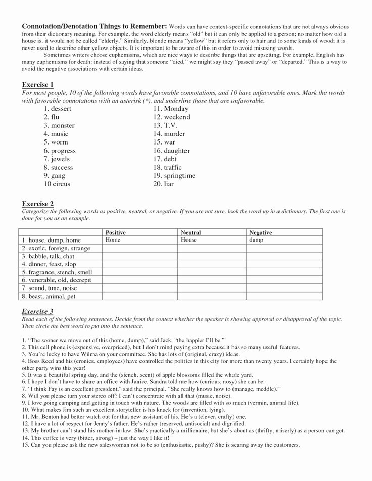 Denotation and Connotation Worksheet Awesome Page 1 Connotation Denotation In Class Worksheetcx
