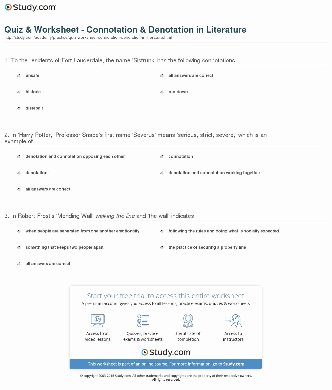 Denotation and Connotation Worksheet Lovely Quiz &amp; Worksheet Connotation &amp; Denotation In Literature