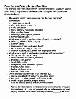Denotation and Connotation Worksheet Luxury Denotation and Connotation Practice Worksheet by Amanda