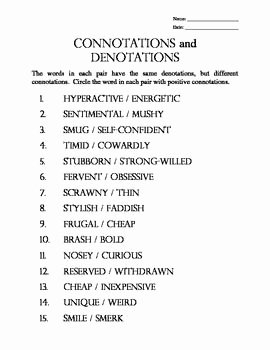 Denotation and Connotation Worksheet New Connotations and Denotations