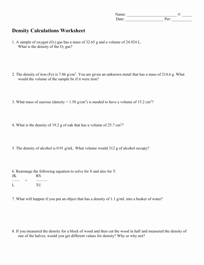 Density Calculations Worksheet 1 Elegant Density Calculations Worksheet