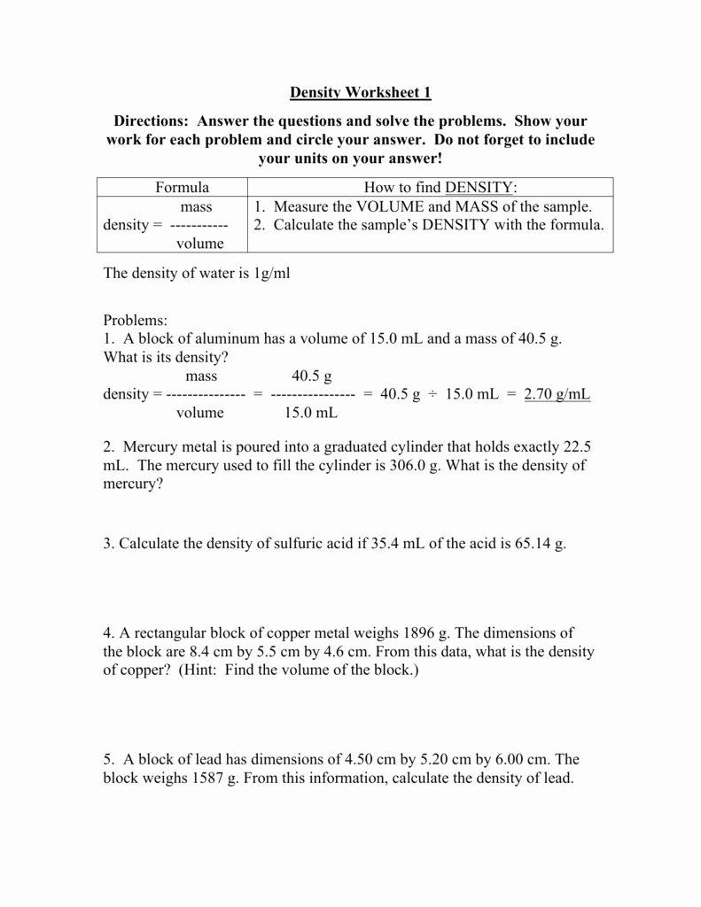 Density Calculations Worksheet Answer Key Awesome Density Worksheet 1 Directions Answer the