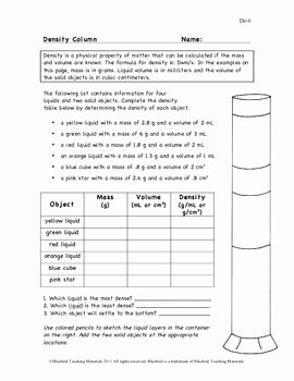 Density Calculations Worksheet Answer Key Lovely Density Column Worksheet De 6 by Bluebird Teaching
