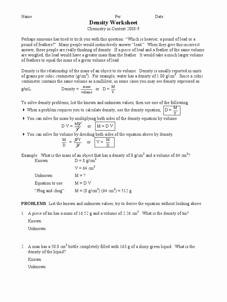 Density Calculations Worksheet Answer Key New Density Worksheet Density