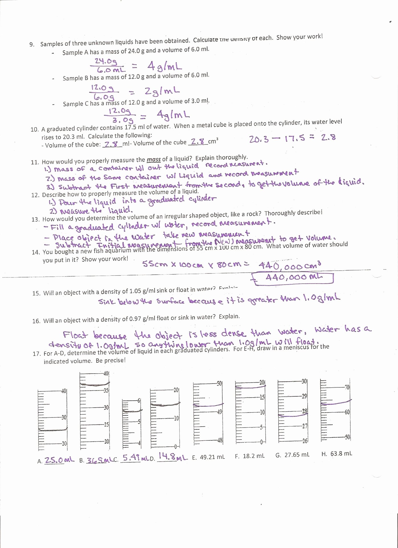 Density Calculations Worksheet Answers